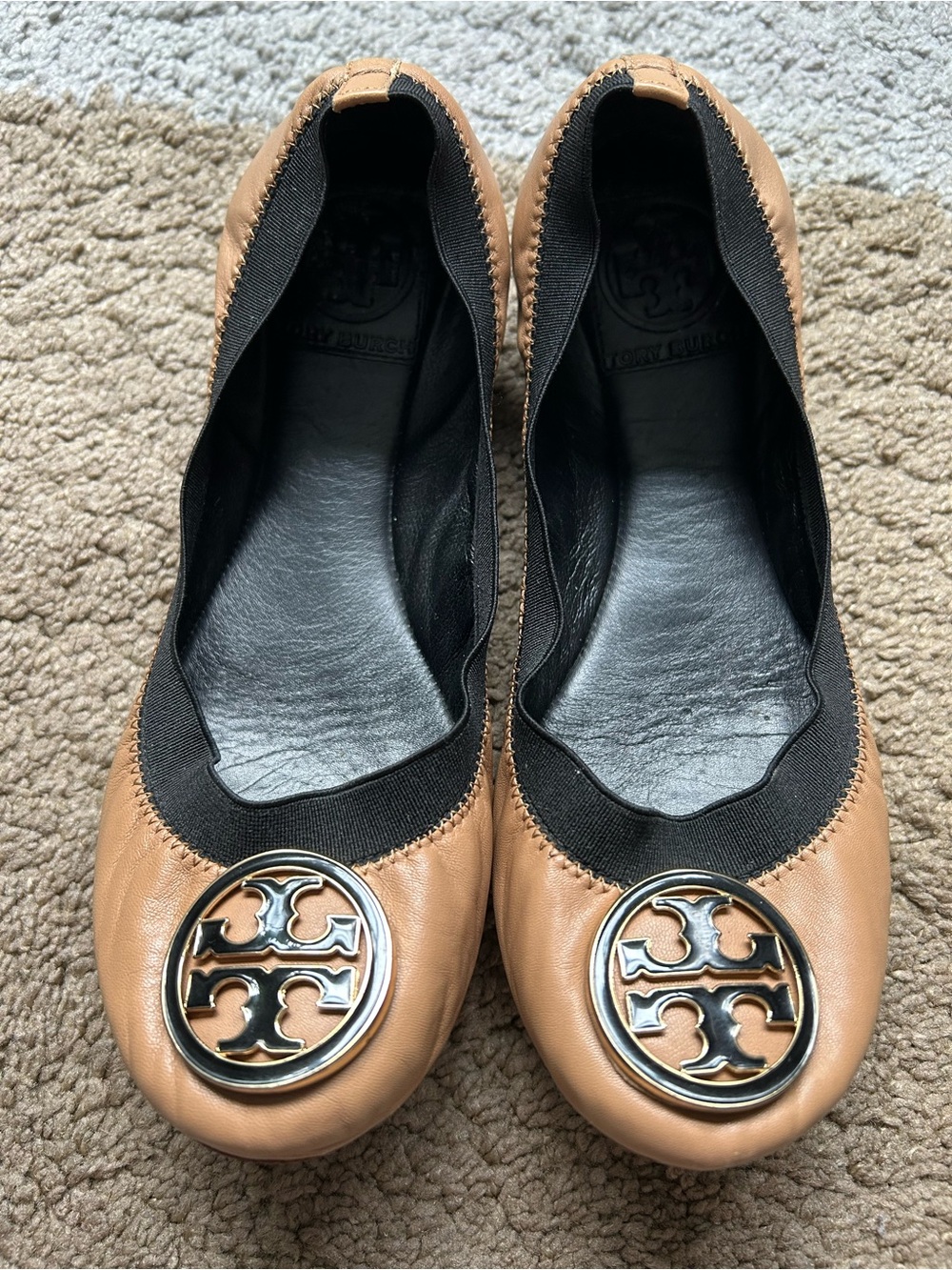 Tory Burch Camel Leather Logo Round-Toe Flats